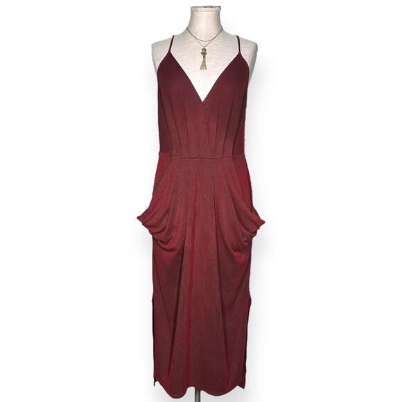 BCBGENERATION Draped Rib Knit Faux Wrap Midi Dress Spaghetti Strap Red - Picture 3 of 9